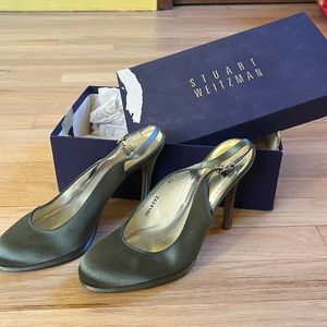 Stuart Weitzman white satin heels
